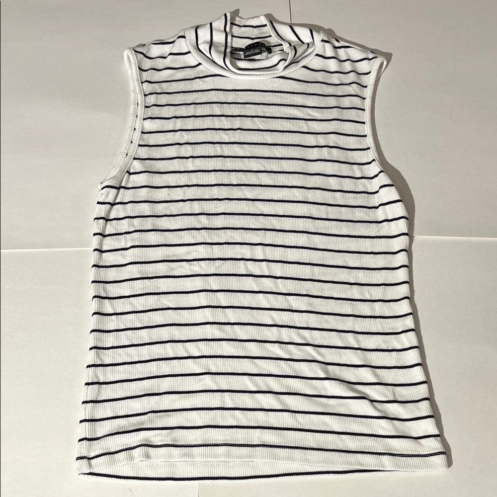 Sanctuary Classic White & Black Striped Mockneck Sleeveless Top Shirt Tank Large